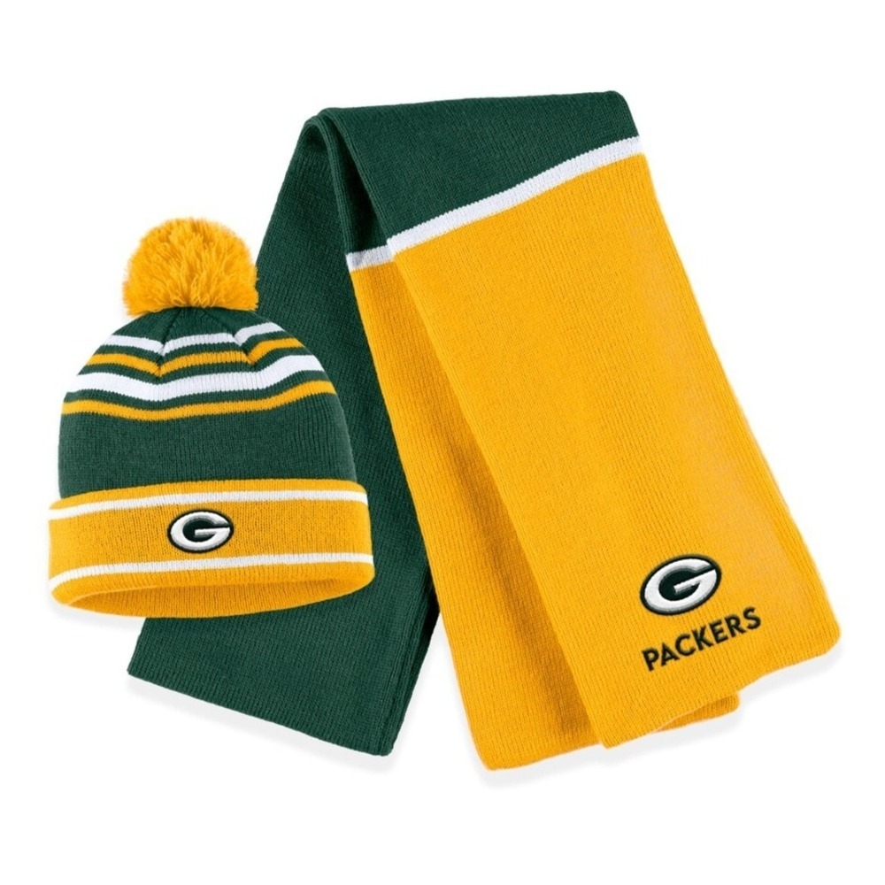 WEAR by Erin Andrews Green Bay Packers Beanie and Scarf Set Green Gold